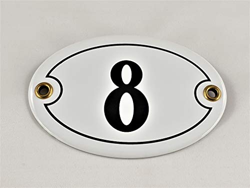 Emaille Hausnummer Schild Nr. 8, oval, Weiß-Schwarz mit Schrauben und Dübel "Handarbeit" von AGS