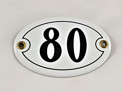Emaille Hausnummer Schild Nr. 80, oval, Weiß-Schwarz "Handarbeit" von AGS