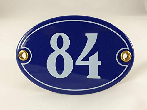 Emaille Hausnummer Schild Nr. 84, oval, Blau-Weiß mit Schrauben und Dübel "Handarbeit" von AGS