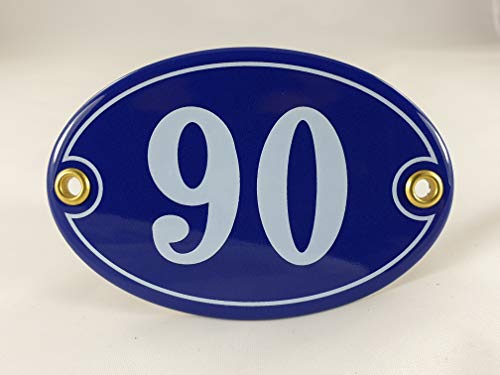 Emaille Hausnummer Schild Nr. 90, oval, Blau-Weiß mit Schrauben und Dübel "Handarbeit" von AGS