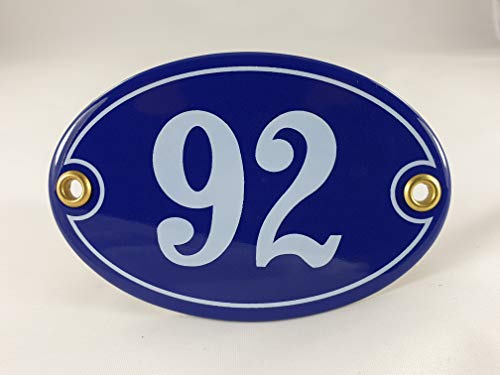 Emaille Hausnummer Schild Nr. 92, oval, Blau-Weiß mit Schrauben und Dübel "Handarbeit" von AGS