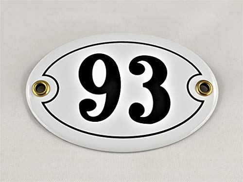 Emaille Hausnummer Schild Nr. 93, oval, Weiß-Schwarz "Handarbeit" von AGS