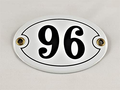 Emaille Hausnummer Schild Nr. 96, oval, Weiß-Schwarz mit Schrauben und Dübel "Handarbeit" von AGS