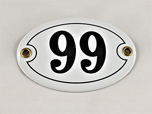 Emaille Hausnummer Schild Nr. 99, oval, Weiß-Schwarz mit Schrauben und Dübel "Handarbeit" von AGS