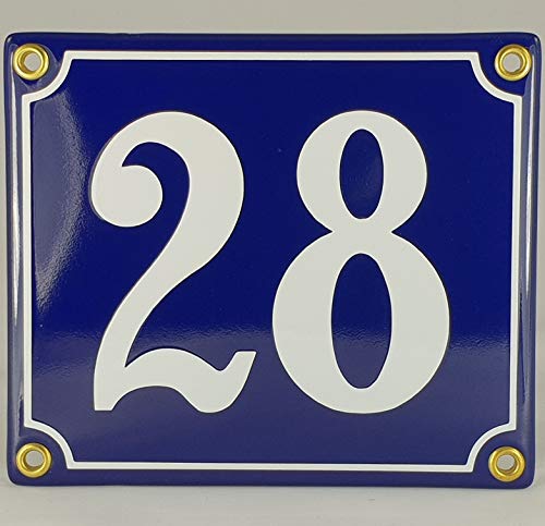 Emaille Schild Hausnummer 28 Blau-Weiß "Handarbeit" von AGS