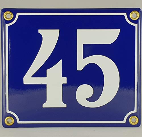 Emaille Schild Hausnummer 45 Blau-Weiß "Handarbeit" von AGS