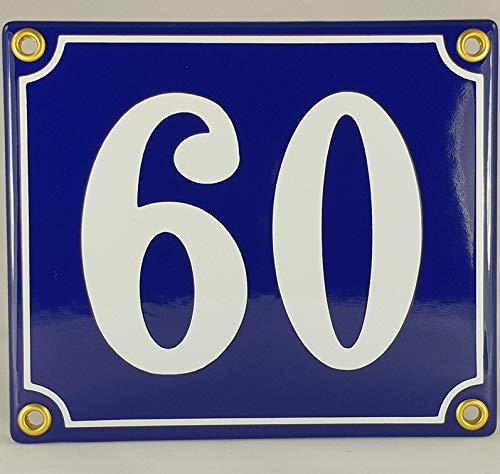 Emaille Schild Hausnummer 60 Blau-Weiß "Handarbeit" von AGS