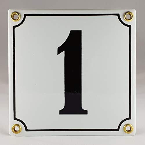 Hausnummer Emaille Schild Nr. 1 Weiß-Schwarz "Handarbeit" mit Schrauben und Dübel zur Montage von AGS