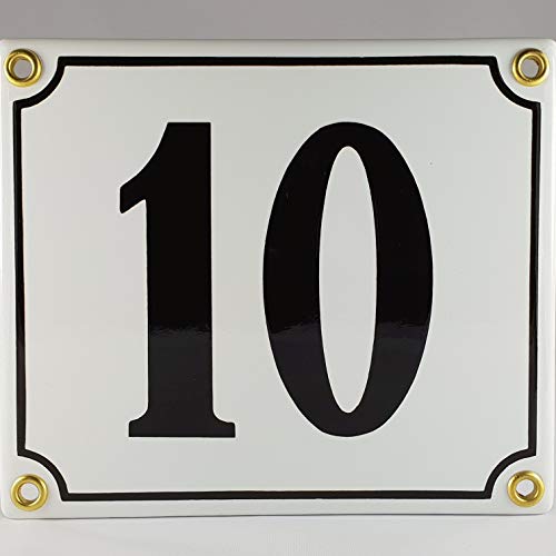 Hausnummer Emaille Schild Nr. 10 Weiß-Schwarz "Handarbeit" mit Schrauben und Dübel zur Montage von AGS