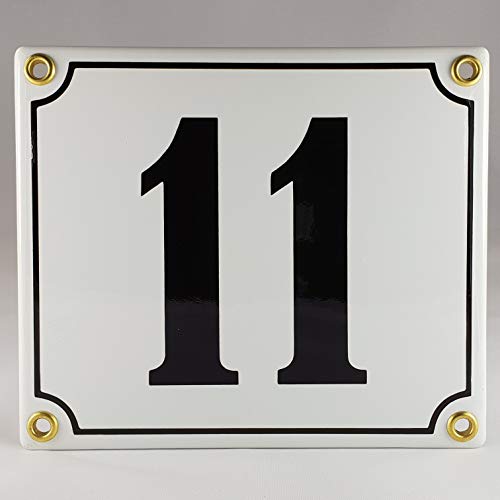 Hausnummer Emaille Schild Nr. 11 Weiß-Schwarz "Handarbeit" mit Schrauben und Dübel zur Montage von AGS