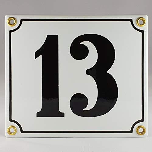 Hausnummer Emaille Schild Nr. 13 Weiß-Schwarz "Handarbeit" mit Schrauben und Dübel zur Montage von AGS