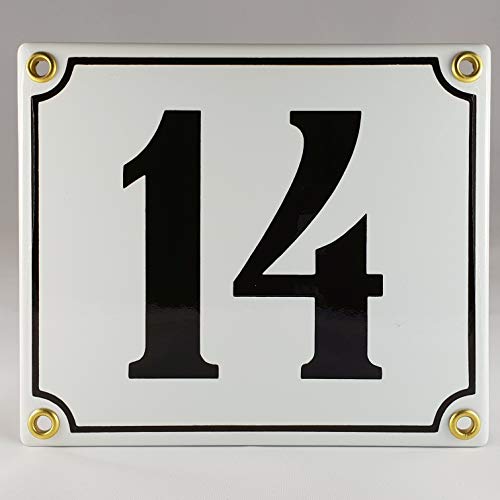 Hausnummer Emaille Schild Nr. 14 Weiß-Schwarz "Handarbeit" mit Schrauben und Dübel zur Montage von AGS