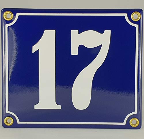Hausnummer Emaille Schild Nr. 17 Blau-Weiß "Handarbeit" mit Schrauben und Dübel zur Montage von AGS