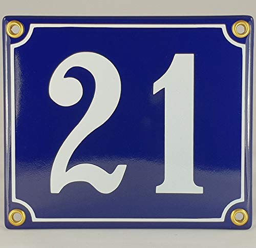 Hausnummer Emaille Schild Nr. 21 Blau-Weiß "Handarbeit" mit Schrauben und Dübel zur Montage von AGS
