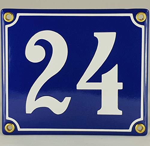 Hausnummer Emaille Schild Nr. 24 Blau-Weiß "Handarbeit" mit Schrauben und Dübel zur Montage von AGS