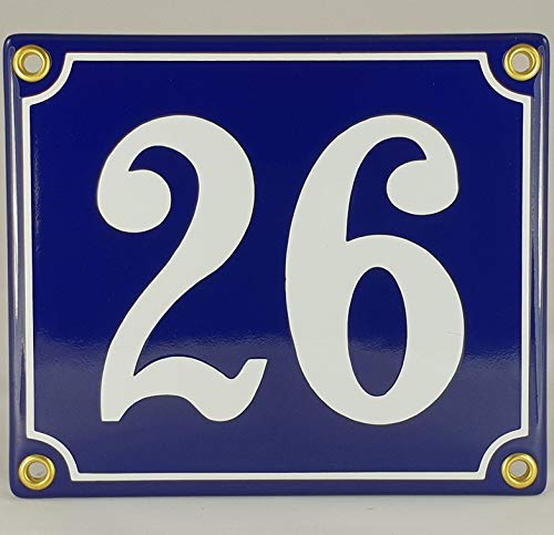 Hausnummer Emaille Schild Nr. 26 Blau-Weiß "Handarbeit" mit Schrauben und Dübel zur Montage von AGS