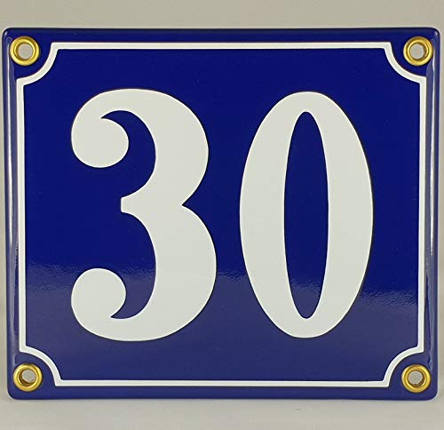 Hausnummer Emaille Schild Nr. 30 Blau-Weiß "Handarbeit" mit Schrauben und Dübel zur Montage von AGS