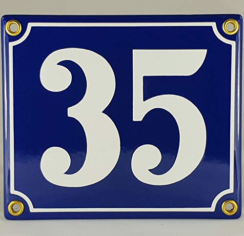 Hausnummer Emaille Schild Nr. 35 Blau-Weiß "Handarbeit" mit Schrauben und Dübel zur Montage von AGS