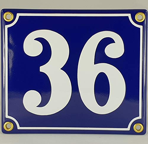 Hausnummer Emaille Schild Nr. 36 Blau-Weiß "Handarbeit" mit Schrauben und Dübel zur Montage von AGS