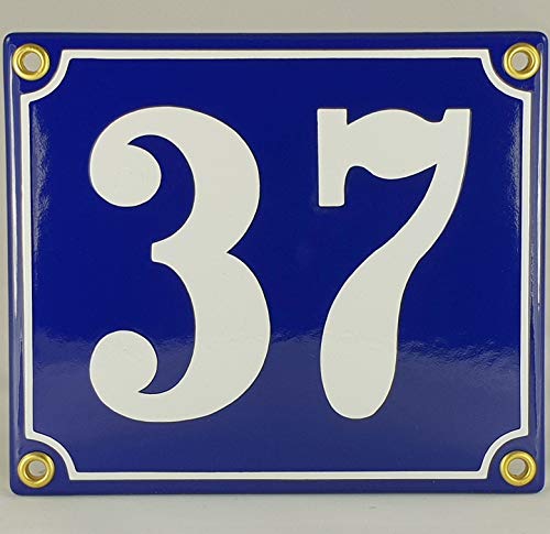 Hausnummer Emaille Schild Nr. 37 Blau-Weiß "Handarbeit" mit Schrauben und Dübel zur Montage von AGS