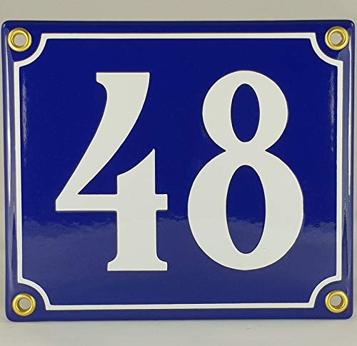Hausnummer Emaille Schild Nr. 48 Blau-Weiß "Handarbeit" mit Schrauben und Dübel zur Montage von AGS