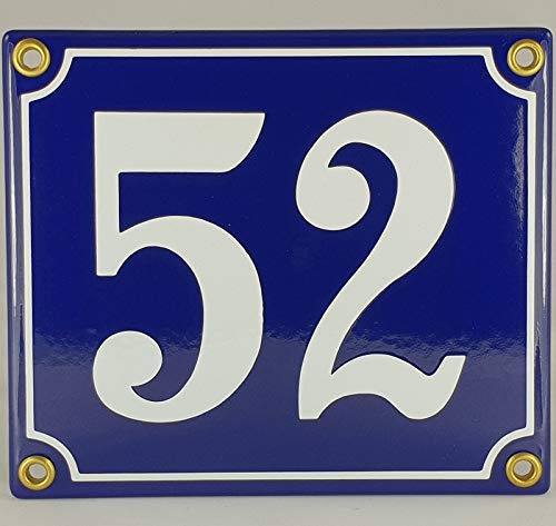 Hausnummer Emaille Schild Nr. 52 Blau-Weiß "Handarbeit" mit Schrauben und Dübel zur Montage von AGS