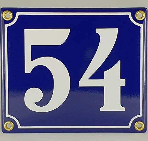 Hausnummer Emaille Schild Nr. 54 Blau-Weiß "Handarbeit" mit Schrauben und Dübel zur Montage von AGS