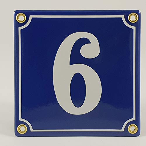 Hausnummer Emaille Schild Nr. 6 Blau-Weiß "Handarbeit" mit Schrauben und Dübel zur Montage von AGS