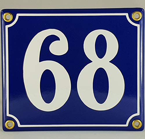 Hausnummer Emaille Schild Nr. 68 Blau-Weiß "Handarbeit" mit Schrauben und Dübel zur Montage von AGS