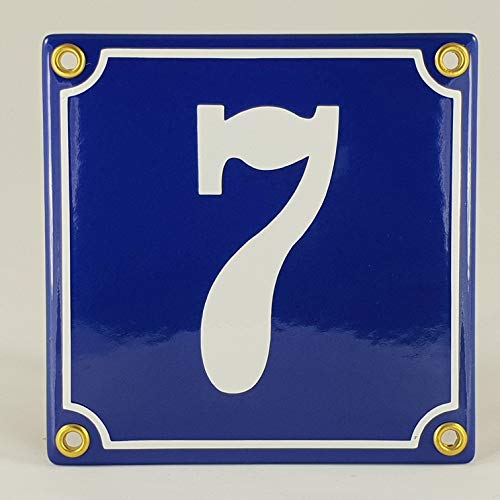 Hausnummer Emaille Schild Nr. 7 Blau-Weiß "Handarbeit" mit Schrauben und Dübel zur Montage von AGS