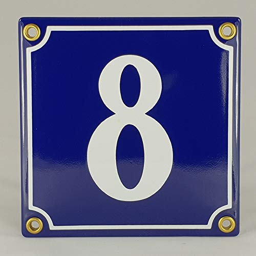 Hausnummer Emaille Schild Nr. 8 Blau-Weiß "Handarbeit" mit Schrauben und Dübel zur Montage von AGS