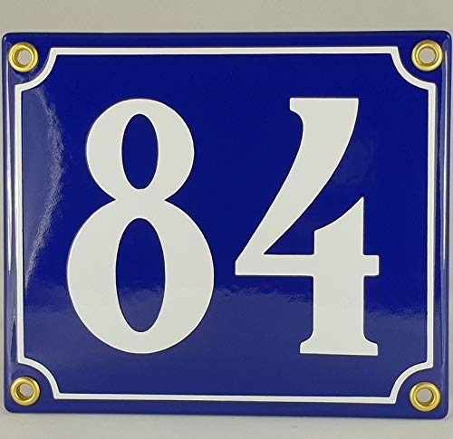 Hausnummer Emaille Schild Nr. 84 Blau-Weiß "Handarbeit" mit Schrauben und Dübel zur Montage von AGS