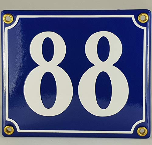 Hausnummer Emaille Schild Nr. 88 Blau-Weiß "Handarbeit" mit Schrauben und Dübel zur Montage von IYVYI