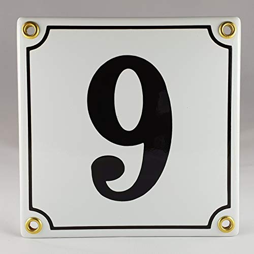 Hausnummer Emaille Schild Nr. 9 Weiß-Schwarz "Handarbeit" mit Schrauben und Dübel zur Montage von AGS