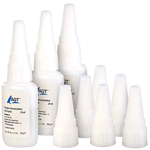 AGT Alleskleber: 3er-Set flüssiger Sekundenkleber mit 6 Extra-Spitzen, je 20 ml (Super-Glue-Sekundenkleber, Schnell-Kleber, Keramik Reparatur) von AGT