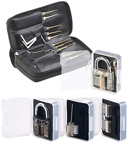 AGT Pickset: Lockpicking-Set mit 30-teiliger Dietrich-Tasche & 4 Übungs-Schlössern (Lock Pick Set, Schloss öffnen, Türschloss) von AGT