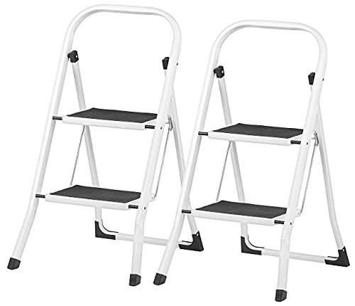 AGT Trittleiter klappbar: 2er-Set ultrakompakte Stahl-Trittleitern mit 2 Stufen und Handlauf (Multifunktionsleiter, Klapptrittleiter) von AGT