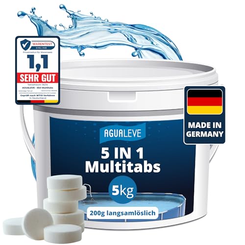 AGUALEVE® 5 in 1 Chlor Multitabs 200g langsamlöslich 5kg *NEU* | für Pools jeder Art ab 25.000 Liter Wasser | Desinfektion, Algenschutz, Flockung, pH-Stabilisierung & Klareffekt | Made in Germany von AGUALEVE