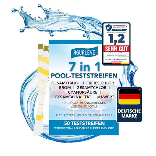 AGUALEVE® 7 in 1 Pool-Teststreifen 25 Stück *NEU* | Präzise, schnell & einfach messen: Gesamthärte, Gesamtalkalität, Cyanursäure, Gesamtchlor, Freies Chlor, Brom und pH-Wert | Deutsche Markenqualität von AGUALEVE