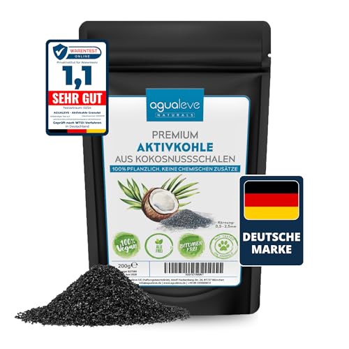 AGUALEVE Premium Aktivkohle 200g aus Kokosnussschalen | Pflanzen, Katzenklo, Aquarium, Trinkwasser, Wasserfilter, UVM. | 100% natürlich, frei von chemischen Zusätzen und Bitumen | Körnung: 0,5-2,5mm von AGUALEVE