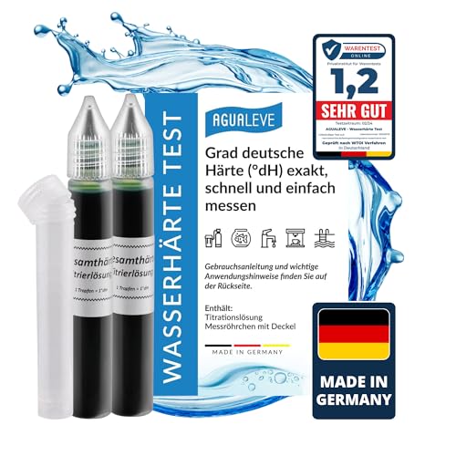 AGUALEVE Wasserhärte Test - Die Nr. 1 - Deutsche Grad Härte (°dH) schnell und einfach messen - misst exakt bis 24 °dH - Made in Germany - 50 – 400 Messungen, je nach Härte - 2x 15ml von AGUALEVE