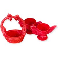 3 Stück Set Rot Celluloid Figural Hahn Eierbecher Paar Mit Passenden Roten Korb/Vintage Eierhalter von AGeekForChic