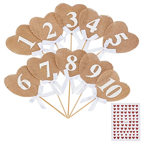 AHANDMAKER 10 Stück Holz Hochzeit Tischnummern, 1 bis 10 Holz-Tischnummernkarte Mit 77 Stück PVC-Nagel-Herz-Aufkleber-Abziehbilder Für Hochzeiten Geburtstagsfeiern190x87x8mm von AHANDMAKER