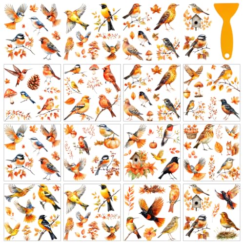 AHANDMAKER 12 Blatt Vogel Transferaufkleber Zum Aufreiben Mit Schaber Herbst Vogel Aufkleber Mit Herbstblumen Für Buchhandlung Studierzimmer Fensterdekoration 5.5x5.5" von AHANDMAKER