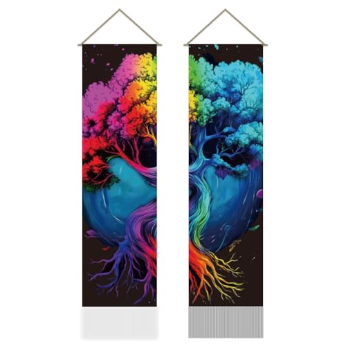 AHANDMAKER 2 Stück Bunter Wandteppich Mit Lebensbaum Langer Vertikaler Wandteppich Mit Regenbogenbaum Motiv Naturpflanzen Quastenwand Für Schlafzimmer Und Wohnzimmer (45.7x13 Zoll) von AHANDMAKER