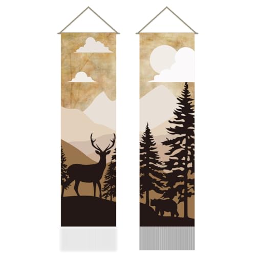 AHANDMAKER 2 Stück Wald Wandteppich Mit Hirsch Und Bär. Langer Vertikaler Wandteppich Mit Retro Waldlandschaft Und Quasten Für Schlafzimmer Kaffee Heimdekoration 45.7x13 zoll von AHANDMAKER