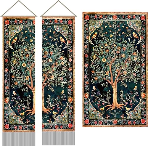 AHANDMAKER 2 Wandteppich Mit Lebensbaum. Langer Vertikaler Wandteppich Mit Baum Und Vogel Wandteppich Mit Quaste „Baum Des Lebens“ Mystischer Ästhetischer Wandteppich Für Schlafzimmer (45.7x13(5) cm) von AHANDMAKER