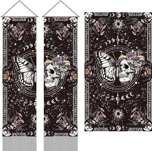 AHANDMAKER 2 Wandteppich Mit Schmetterlings Und Totenkopf Motiv. Langer Vertikaler Wandteppich Mit Skelett Und Pilz Wandteppich Mit Pflanzenquaste Mystischer Ästhetischer Wandteppich (45.7x13(5) cm) von AHANDMAKER