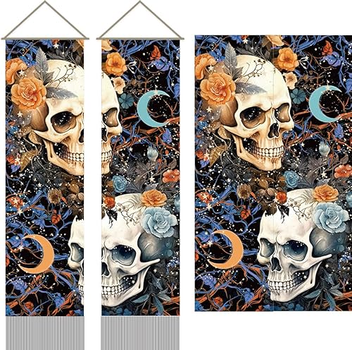 AHANDMAKER 2 Wandteppich Mit Totenkopf Blumenmotiv Langer Vertikaler Wandteppich Mit Blumenschädel Wandteppich Mit Quaste Und Blumenranken Skelett Mystischer Ästhetischer Wandteppich (45.7x13(5) cm) von AHANDMAKER