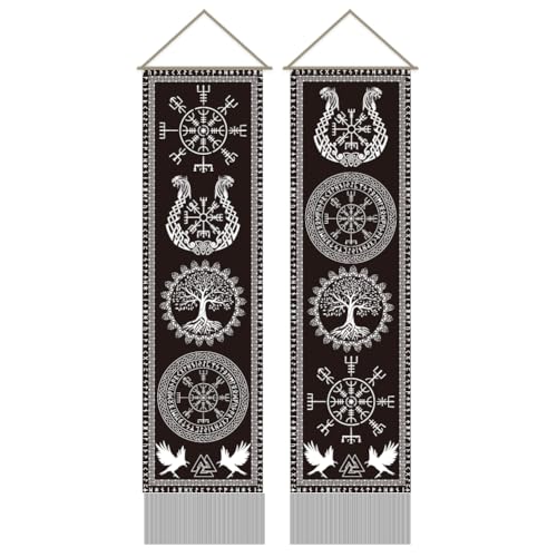 AHANDMAKER 2 Wandteppich Mit Wikingersymbol. Baum Des Lebens Rune Lange Vertikale Wandteppich Wandbehang Mythologie Runen Quasten Wandteppich Mystischer Ästhetischer Wandteppich (45.7x13(5) cm) von AHANDMAKER